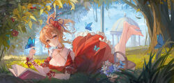 Rule 34 | 1girl, absurdres, alternate costume, barefoot, blonde hair, blue butterfly, book, breasts, bug, building, butterfly, choker, dress, genshin impact, hair between eyes, hair ornament, highres, insect, insect on finger, lixiang guo alice, looking at viewer, lying, medium breasts, on grass, on stomach, open book, outdoors, ponytail, red choker, red dress, sidelocks, solo, the pose, toes, tree, yellow eyes, yoimiya (genshin impact)