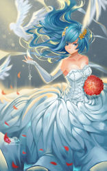 Rule 34 | 1girl, absurdres, bare shoulders, bird, blue eyes, blue hair, blue nails, bouquet, breasts, bride, cleavage, collarbone, cross, cross necklace, detached sleeves, deviantart username, dove, dress, fairy tail, fingernails, floating hair, flower, gown, hair flower, hair ornament, highres, holding, holding bouquet, jewelry, juvia lockser, long hair, medium breasts, nail polish, necklace, pendant, petals, rchella, red flower, sleeveless, sleeveless dress, smile, solo, strapless, strapless dress, tumblr username, unworn jewelry, very long hair, watermark, web address, wedding dress, white dress, yellow flower