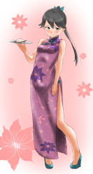 Rule 34 | 1girl, armpits, black hair, breasts, cake, china dress, chinese clothes, closed mouth, dress, floral print, flower, food, hair between eyes, highres, houshou (kancolle), kantai collection, long dress, long hair, looking at viewer, plate, ponytail, purple dress, sideboob, small breasts, solo, tama (tamago), yellow eyes