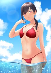 Rule 34 | 1girl, absurdres, bikini, black hair, blue sky, breasts, cloud, day, hair over shoulder, highres, long hair, low ponytail, navel, no. (pixiv73936015), original, outdoors, partially underwater shot, red bikini, red eyes, side-tie bikini bottom, sky, small breasts, soaking feet, solo, swimsuit, water
