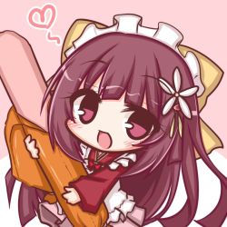 Rule 34 | 1girl, :d, apron, blush, bow, chibi, commentary request, flower, hair bow, hair flower, hair ornament, heart, kamikaze (kancolle), kantai collection, komakoma (magicaltale), long hair, looking at viewer, maid headdress, open mouth, pink background, purple eyes, purple hair, smile, solo