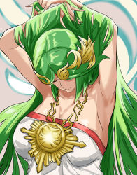 Rule 34 | 1girl, ancient greek clothes, armpits, bare shoulders, breasts, chiton, dress, forehead jewel, gold, green hair, highres, jewelry, kid icarus, kid icarus uprising, large breasts, laurel crown, long hair, neck ring, necklace, nintendo, palutena, parted bangs, side slit, solo, strapless, strapless dress, very long hair, white dress