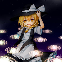 Rule 34 | :d, apron, blonde hair, braid, fang, frilled skirt, frills, hat, highres, kirisame marisa, magic circle, mare (shiori 3021), open mouth, shirt, short sleeves, side braid, skirt, sky, smile, solo, star (sky), starry sky, touhou, vest, witch hat, yellow eyes
