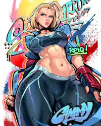 Rule 34 | 1girl, abs, blonde hair, blue eyes, breasts, cammy white, crop top, fingerless gloves, from below, gloves, highres, jacket, large breasts, lips, pants, reiq, short hair, street fighter, street fighter 6