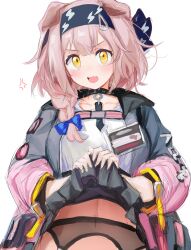 Rule 34 | absurdres, anger vein, animal ears, arknights, cat ears, cat girl, clothes lift, coat, floppy ears, goldenglow (arknights), hairband, highres, id card, jacket, multicolored clothes, multicolored jacket, nopetroto, pink coat, pink hair, pink jacket, print hairband, two-tone jacket, yellow eyes
