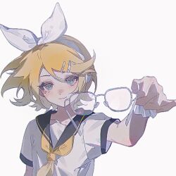 Rule 34 | 1girl, :3, black sailor collar, blonde hair, blue eyes, bow, chinese commentary, closed mouth, commentary request, ensoleillee, eyelashes, fingernails, glasses, hair bow, hair ornament, hairband, hairclip, highres, holding, holding removed eyewear, kagamine rin, light blush, looking at viewer, making-of available, neckerchief, sailor collar, sailor shirt, scrunchie, shirt, short hair, short sleeves, simple background, smile, solo, unworn eyewear, upper body, vocaloid, white-framed eyewear, white background, white bow, white hairband, white headphones, white scrunchie, white shirt, wrist scrunchie, yellow neckerchief