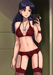 Rule 34 | 1girl, bare shoulders, blue hair, bra, breasts, brown eyes, cellphone, cellphone charm, charm (object), collarbone, commentary, contrapposto, cowboy shot, dirty ero, earrings, english commentary, garter belt, garter straps, groin, hand up, holding, jewelry, katsuragi misato, lace underwear, lingerie, lipstick, long hair, looking away, makeup, medium breasts, navel, neon genesis evangelion, nerv, panties, pendant, penpen, phone, purple hair, red bra, red garter belt, red lips, red panties, red thighhighs, scar, selfie, smile, solo, stomach, thighhighs, underwear