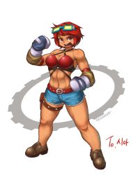 Rule 34 | 00s, 1girl, bare shoulders, boxing gloves, breasts, cleavage, cutoffs, dark-skinned female, dark skin, denim, denim shorts, dungeon and fighter, fighter (dungeon and fighter), full body, goggles, goggles on head, halterneck, navel, nestkeeper, pouch, red eyes, red hair, shoes, shorts, solo, standing, thigh pouch, toned