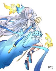 Rule 34 | 1girl, absurdres, arknights, blue dress, blue eyes, blue footwear, blue petals, blush, commentary request, dated, dress, feathered wings, feathers, fish, gaoling gangqin, gradient dress, hair petal, head wings, high heels, highres, long hair, long sleeves, looking at viewer, mulberry (arknights), mulberry (reflection that of the moons) (arknights), official alternate costume, see-through, see-through sleeves, simple background, sleeves past fingers, sleeves past wrists, smile, solo, very long hair, very long sleeves, white background, white feathers, white hair, wings