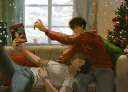 2boys black_hair candle character_request christmas christmas_tree commentary_request couch curtains english_text feet_out_of_frame grin holding holding_magazine hq_yunak indoors korean_commentary long_sleeves lying magazine_(object) male_focus multiple_boys on_back on_couch pants pillow red_sweater rukawa_kaede shirt short_hair short_sleeves sitting slam_dunk_(series) smile spiked_hair sweater teeth watch white_shirt window wristwatch