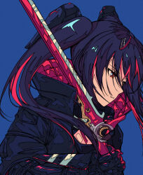 Rule 34 | 1girl, black coat, black hair, blue background, chinese commentary, coat, commentary, fake horns, from side, headgear, highres, holding, holding sword, holding weapon, horns, ligne claire, looking down, lucia: plume (punishing: gray raven), lucia (punishing: gray raven), mechanical arms, mechanical horns, multicolored hair, portrait, punishing: gray raven, red eyes, simple background, solo, streaked hair, sword, twintails, two-sided fabric, wanlai bu shiman, weapon