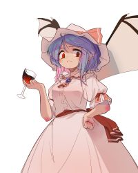 Rule 34 | 1girl, absurdres, alcohol, bat wings, brooch, cup, cupping glass, dress, drinking glass, hat, hat ribbon, highres, holding, holding cup, housulu, jewelry, mob cap, pointy ears, puffy sleeves, red eyes, remilia scarlet, ribbon, short sleeves, solo, touhou, wine, wine glass, wings