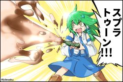 Rule 34 | 1girl, bad id, bad pixiv id, bottle, cola, crazy eyes, desaku, detached sleeves, frog hair ornament, green hair, hair ornament, hair tubes, highres, japanese clothes, kochiya sanae, long hair, miko, no nose, open mouth, snake hair ornament, touhou, translated, wide sleeves, yellow eyes