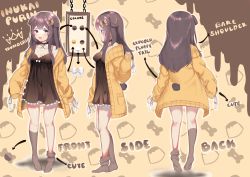 Rule 34 | absurdres, animal ears, breasts, brown eyes, brown hair, character name, cleavage, collarbone, commentary, concept art, dog ears, dog tail, english commentary, english text, full body, highres, indie virtual youtuber, inukai purin, jacket, ribbon, small breasts, socks, tail, teriibol, virtual youtuber