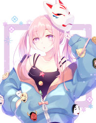 Rule 34 | 1girl, alternate costume, alternate hairstyle, blue hoodie, breasts, bright pupils, circle, cleavage, closed mouth, fox mask, hannya, hata no kokoro, highres, hood, hoodie, hyottoko mask, long hair, looking at viewer, mask, monkey mask, new mask of hope, noh mask, open mouth, oversized clothes, pink hair, shinketsu kanyu, solo, star (symbol), touhou, triangle, twintails, upper body, v, white background, white pupils, zipper