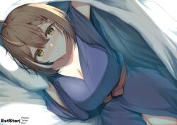 Rule 34 | 1girl, aties20, blue kimono, blush, breasts, brown eyes, brown hair, closed mouth, commentary request, hair between eyes, hololive, hololive english, japanese clothes, kimono, large breasts, long sleeves, looking at viewer, lying, nanashi mumei, on side, pillow, smile, solo, under covers, virtual youtuber, wide sleeves