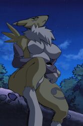 Rule 34 | breasts, derivative work, digimon, digimon (creature), digimon tamers, fluffy, fox girl, fox tail, furry, highres, looking up, night, night sky, renamon, screencap, screenshot redraw, sky, tail, thick thighs, thighs, third-party edit