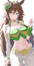 Rule 34 | 1girl, absurdres, ahoge, anima miko, animal ears, aqua eyes, breasts, brown hair, choker, cleavage, commentary, cowboy shot, crop top, green shirt, hand up, hat, highres, horse ears, large breasts, long hair, long sleeves, looking at viewer, midriff, mini hat, mini top hat, mr. c.b. (umamusume), navel, pants, shirt, single sleeve, smile, solo, standing, stomach, strapless, strapless shirt, top hat, umamusume, very long hair, white pants, wrist cuffs, yellow choker