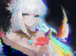Rule 34 | 1girl, bad id, bad pixiv id, bare shoulders, blue eyes, blush, breasts, character request, cleavage, closed mouth, commentary request, dress, final fantasy, final fantasy xiv, flower, grey flower, hair flower, hair ornament, hand up, highres, holding, holding flower, kisei2, long hair, looking at viewer, medium breasts, mole, mole under mouth, red flower, signature, silver hair, solo, spider lily, tsukuyomi (final fantasy), upper body, yotsuyu goe brutus