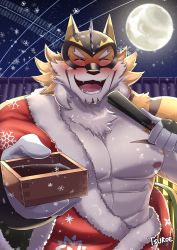 Rule 34 | 1boy, :d, abs, animal ears, bara, bare pectorals, beige fur, blush, drunk, facial hair, fangs, full moon, fur-trimmed jacket, fur trim, furry, furry male, goatee, highres, incoming drink, jacket, large pectorals, live a hero, male focus, mature male, moon, muscular, muscular male, nipples, official alternate costume, open clothes, open jacket, open mouth, orange fur, pectorals, red jacket, ryekie (drunk tiger) (live a hero), ryekie (live a hero), santa costume, short hair, smile, snowflakes, solo, stomach, tiger boy, tiger ears, tsuroe, two-tone fur, upper body