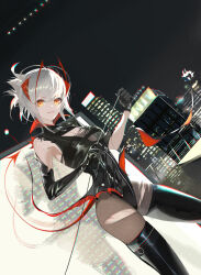Rule 34 | + +, 1girl, ambience synesthesia, arknights, asymmetrical gloves, bare shoulders, black footwear, black leotard, boots, breasts, brown pantyhose, building, city, cleavage, da (datako), demon girl, demon horns, demon tail, dutch angle, elbow gloves, gloves, grey hair, highres, holding, horns, leotard, looking at viewer, medium breasts, multicolored hair, night, night sky, official alternate costume, outdoors, pantyhose, parted lips, red hair, short hair, single elbow glove, sky, smile, solo, standing, tail, thigh boots, torn clothes, torn pantyhose, two-tone hair, w (arknights), w (wanted) (arknights), yellow eyes