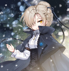 Rule 34 | 1girl, :o, azur lane, black cloak, black skirt, blouse, blurry, blurry background, blush, braid, brown eyes, brown hair, center opening, chain, cloak, collar, commentary request, cross, depth of field, frilled shirt, frills, hair bun, hair over one eye, hand up, highres, kiyosato 0928, latin cross, long sleeves, looking at viewer, metal collar, official alternate costume, parted lips, puffy long sleeves, puffy sleeves, sheffield (azur lane), sheffield (cloak and dagger) (azur lane), shirt, single hair bun, skirt, snowflakes, solo, suspender skirt, suspenders, white shirt