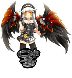 Rule 34 | 1girl, bad id, bad pixiv id, bare shoulders, black thighhighs, black wings, dress, elsword, eve (elsword), expressionless, fingerless gloves, forehead jewel, gloves, jewelry, korean text, long hair, necklace, poseich, skirt, solo, strapless, strapless dress, thighhighs, veil, white background, white hair, wings, yellow eyes