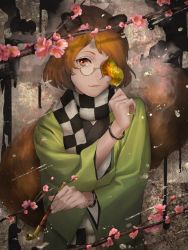 Rule 34 | 1girl, amino (tn7135), animal ears, bracelet, brown hair, cherry blossoms, closed mouth, covering one eye, forbidden scrollery, futatsuiwa mamizou, glasses, holding, holding smoking pipe, japanese clothes, jewelry, kimono, kiseru, leaf, light smile, long sleeves, looking at viewer, orange eyes, pince-nez, plaid, plaid scarf, raccoon ears, raccoon tail, scarf, short hair, smoking pipe, solo, tail, touhou, upper body, wide sleeves