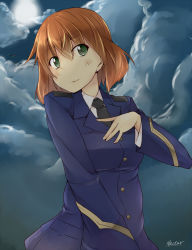 Rule 34 | 1girl, amai nekuta, amelie planchard, blush, brown hair, green eyes, jacket, looking at viewer, military jacket, moon, necktie, night, night sky, signature, sky, smile, solo, strike witches, strike witches: katayoku no majo-tachi, world witches series