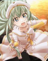 Rule 34 | 1girl, alice carroll, aogirism, aria (manga), beret, blue eyes, blurry, blush, breasts, collarbone, commentary request, depth of field, dress, fingerless gloves, from above, full body, gloves, gold trim, green hair, hands up, hat, long hair, looking at viewer, medium breasts, necktie, open mouth, orange planet uniform, reflection, reflective water, sailor collar, short sleeves, sidelocks, solo, sparkle, standing, sunset, teeth, water, white dress, white hat, yellow necktie