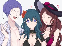 Rule 34 | !?, 1boy, 2girls, blue eyes, blue hair, breasts, brown hair, byleth (female) (fire emblem), byleth (fire emblem), cleavage, closed eyes, dorothea arnault, earrings, fire emblem, fire emblem: three houses, fire emblem heroes, flower, hair flower, hair ornament, hat, hat flower, highres, jewelry, large breasts, long hair, lorenz hellman gloucester, multiple girls, nail polish, nintendo, official alternate costume, open mouth, purple hair, ring, shimizu akina, short hair, simple background, swimsuit, upper body, white background