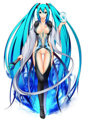 Rule 34 | 1girl, alternate costume, aqua eyes, aqua hair, bad id, bad pixiv id, bodysuit, breasts, center opening, cleavage, clothing cutout, female focus, hatsune miku, headset, highres, hitayun, large breasts, long hair, looking at viewer, magic, micro panties, navel, navel cutout, open mouth, panties, side-tie panties, side slit, solo, standing, string panties, twintails, underwear, very long hair, vocaloid, wand