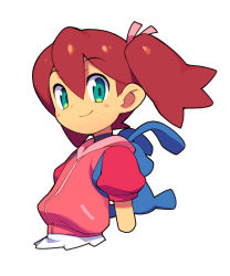 Rule 34 | 1girl, backpack, bag, blush stickers, brown hair, closed mouth, hair ribbon, looking at viewer, metata, pink ribbon, puffy short sleeves, puffy sleeves, ribbon, saru getchu, sayaka (saru getchu), short hair, short sleeves, simple background, smile, solo, twintails, upper body, white background