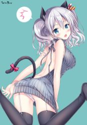 Rule 34 | 10s, 1girl, :o, alternate costume, animal ears, aqua background, artist name, ass, back, backless outfit, bad id, bad pixiv id, bare arms, bare back, bare shoulders, black ribbon, black sweater, black thighhighs, blue eyes, blush, bow, breasts, cat ears, cat tail, commentary request, from behind, garter straps, hanahanamaki, kantai collection, kashima (kancolle), kemonomimi mode, kneeling, large breasts, legs apart, looking at viewer, looking back, meme attire, no headwear, open mouth, panties, pantyshot, red bow, ribbon, short hair, short twintails, silver hair, simple background, sleeveless, solo, sousouman, speech bubble, spoken blush, sweater, tail, tail bow, tail ornament, thighhighs, twintails, underwear, virgin killer sweater, wavy hair, white panties