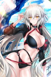 Rule 34 | 1girl, absurdres, bikini, black bikini, black jacket, blush, breasts, choker, cleavage, closed mouth, collarbone, fate/grand order, fate (series), highres, jacket, jeanne d&#039;arc alter (swimsuit berserker) (fate), jeanne d&#039;arc (fate), jeanne d&#039;arc alter (fate), jeanne d&#039;arc alter (swimsuit berserker) (fate), large breasts, long hair, looking at viewer, nez-box, o-ring, shrug (clothing), solo, swimsuit, very long hair, yellow eyes
