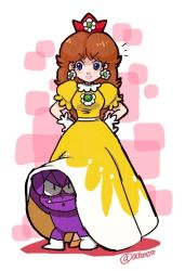 Rule 34 | 1girl, brown hair, crown, dress, earrings, fang, flower earrings, gloves, hands on own hips, jewelry, kneeling, long hair, looking at viewer, looking to the side, mario (series), mini crown, nintendo, nm qi, parted lips, princess daisy, standing, super mario land, tatanga, tears, twitter username, white background, white gloves, yellow dress
