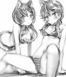 Rule 34 | 2girls, all fours, animal ear fluff, animal ears, bad id, bad pixiv id, bikini, bikini skirt, breasts, cameltoe, cat ears, closed mouth, copyright request, frilled bikini, frills, greyscale, hair over shoulder, highres, looking at viewer, low twintails, monochrome, multiple girls, nanashi (nlo), simple background, sitting, small breasts, smile, striped bikini, striped clothes, swimsuit, twintails, white background