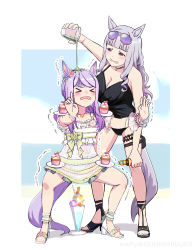 Rule 34 | &gt; &lt;, 2girls, alternate costume, alternate hairstyle, animal ears, breasts, cleavage, commentary request, cupcake, eyewear on head, food, gloom (expression), gold ship (run revolt launcher) (umamusume), gold ship (umamusume), hair ornament, highres, horse ears, horse girl, horse tail, large breasts, long hair, mafty, mejiro mcqueen (ripple fairlady) (umamusume), mejiro mcqueen (umamusume), multiple girls, ocean, open mouth, parfait, pouring onto another, purple hair, royal bitter juice, sandals, simple background, sky, swimsuit, tail, umamusume