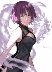 1girl absurdres angelica_rogner aono_(aonocrotowa) bare_shoulders blue_eyes breasts china_dress chinese_clothes cleavage cleavage_cutout clothing_cutout commentary dragon dress eiyuu_densetsu english_commentary highres looking_at_viewer medium_breasts purple_hair sen_no_kiseki_(series) short_hair simple_background sleeveless smile solo third-party_source white_background