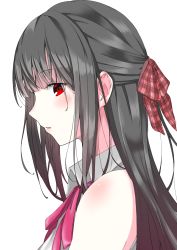 Rule 34 | 1girl, absurdres, bare shoulders, batta-1225, black hair, blush, collared shirt, commentary, hair ribbon, half updo, highres, long hair, looking at viewer, neck ribbon, one side up, open mouth, original, plaid, plaid ribbon, portrait, profile, red eyes, red ribbon, ribbon, shirt, sleeveless, sleeveless shirt, solo, white background, white shirt
