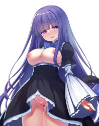 Rule 34 | 1girl, black dress, blue hair, blunt bangs, blush, breasts, breasts out, cat tail, censored, cleft of venus, dress, frederica bernkastel, heart, heart censor, highres, large breasts, long hair, looking at viewer, nipples, no bra, no panties, open clothes, open mouth, purple eyes, pussy, ribbon, simple background, smile, solo, tail, tail ornament, tail ribbon, thighs, umineko no naku koro ni, very long hair, white background, white sleeves, wind, wind lift, yako