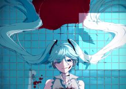 Rule 34 | 1girl, 1other, android, aqua hair, bags under eyes, bandaged neck, bandages, bare shoulders, blood, blood in hair, blood on face, blood splatter, blue eyes, blue necktie, collared shirt, commentary request, eiku, empty eyes, from above, grey shirt, hair ornament, hair over one eye, half-closed eyes, hatsune miku, headphones, highres, holding, holding knife, imminent death, knife, light smile, long hair, looking at viewer, lying, mechanical parts, necktie, on back, open mouth, out of frame, pool of blood, popped collar, portrait, reflection, reflective floor, shadow, shirt, signature, sleeveless, sleeveless shirt, tile floor, tiles, twintails, very long hair, vocaloid