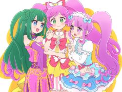 Rule 34 | 3girls, :d, :o, ahoge, blue bow, blue dress, blue eyes, blunt bangs, blunt ends, blush, bow, center frills, commentary request, confused, detached collar, detached sleeves, dress, frilled dress, frills, green eyes, green hair, hair bow, hand up, hug, idol clothes, ikzw, long hair, long sleeves, looking at another, maid headdress, manaka laala, manaka non, multicolored clothes, multicolored dress, multiple girls, open mouth, pink bow, pink shirt, pink skirt, pleated skirt, pretty series, pripara, puffy detached sleeves, puffy sleeves, purple eyes, purple hair, purple sleeves, shirt, short dress, side ponytail, skirt, sleeveless, sleeveless dress, smile, standing, treble clef, tsukikawa chili, twintails, two side up, very long hair, waist bow, wavy mouth
