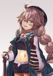 Rule 34 | 1girl, :d, ahoge, arknights, baseball bat, belt, belt collar, beret, black hat, blood, blood on clothes, blood on face, bloody weapon, blue camisole, blue shorts, braid, breasts, brown hair, camisole, character name, collar, commentary, cowboy shot, crop top, cuora (arknights), green hair, green jacket, grey background, hair between eyes, hat, highres, holding, holding baseball bat, jacket, long hair, long sleeves, looking at viewer, low twintails, medium breasts, mg42cat-k1ng, midriff, multicolored hair, navel, open clothes, open jacket, open mouth, short shorts, shorts, sidelocks, smile, solo, standing, streaked hair, teeth, twin braids, twintails, two-tone hair, upper teeth only, weapon, white belt