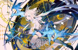 Rule 34 | 1girl, 2018, animal ears, astronomical clock, badge, blue eyes, blue skirt, bright pupils, cat ears, circle, dragon, full body, happy new year, highres, holding, holding sword, holding weapon, long hair, lunging, moon (symbol), new year, original, roman numeral, runes, serious, shirt, skirt, solo, star (symbol), sun symbol, sword, thighhighs, very long hair, weapon, white hair, white pupils, white shirt, yuji (fantasia)
