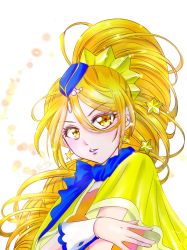 Rule 34 | 1girl, blonde hair, blue hat, cape, cure etoile, earrings, eyelashes, hair between eyes, hair ornament, hat, high ponytail, highres, hugtto! precure, jewelry, long hair, looking at viewer, manekineko5319, mini hat, orange shirt, parted lips, precure, shirt, signature, solo, star (symbol), star earrings, star hair ornament, upper body, very long hair, white background, wrist cuffs, yellow cape