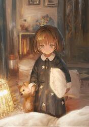 Rule 34 | 1girl, bed, bed sheet, black jacket, brown hair, expressionless, flower, highres, holding, holding pillow, jacket, kouka (mrakano5456), looking at viewer, original, pajamas, pillow, short hair, sketch, solo, star (symbol), stuffed animal, stuffed toy, teddy bear