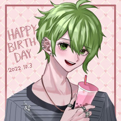 Rule 34 | 1boy, :d, amami rantaro, blush, bubble tea, collarbone, danganronpa (series), danganronpa v3: killing harmony, dated, earrings, green eyes, hair between eyes, hand up, happy birthday, heart, highres, holding, jewelry, looking at viewer, male focus, messy hair, necklace, open mouth, portrait, ring, shirt, short hair, smile, solo, striped clothes, striped shirt, teeth, upper teeth only, yumezu (yu me zu)