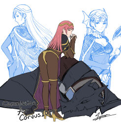 Rule 34 | 1girl, alternate costume, ass, bodystocking, breasts, bridal gauntlets, cape, cherche (fire emblem), cleavage, cm lynarc, commission, cosplay, dragon, fire emblem, fire emblem awakening, highres, large breasts, long hair, looking at viewer, looking back, multiple views, nintendo, pink eyes, pink hair, signature, simple background, skin tight, smile, solo focus, tharja (fire emblem), tharja (fire emblem) (cosplay), tiara, white background
