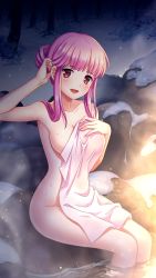 Rule 34 | 1girl, :d, adjusting hair, armpits, blush, breasts, cleavage, collarbone, doukyuusei, doukyuusei another world, game cg, hair over shoulder, looking at viewer, medium breasts, night, official art, onsen, open mouth, pink hair, red eyes, sakuragi mai, sitting, smile, solo, under covers